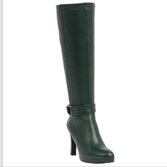 Aquatalia Ryleigh Water Resistant Dark Green Genuine Leather Knee High Boots NEW - Picture 2 of 13